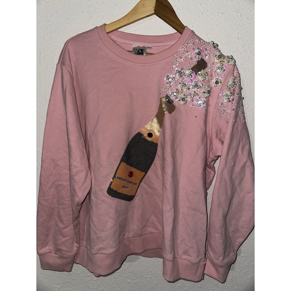 Queen of Sparkles Popping Champagne Super Sequin Sweatshirt Pearls Rhinestones L